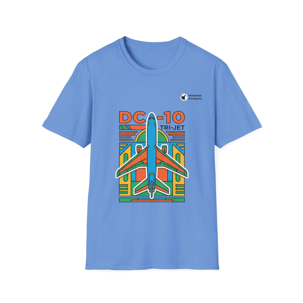 DC-10 Trijet Tribute aviation graphic on a carolina blue unisex t-shirt