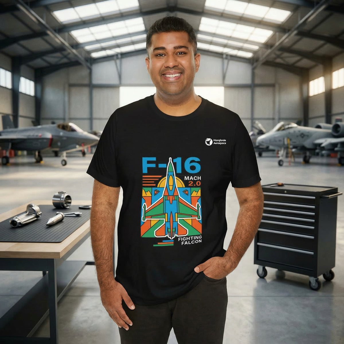 Falcon Fury aviation graphic on a black unisex t-shirt – view 2