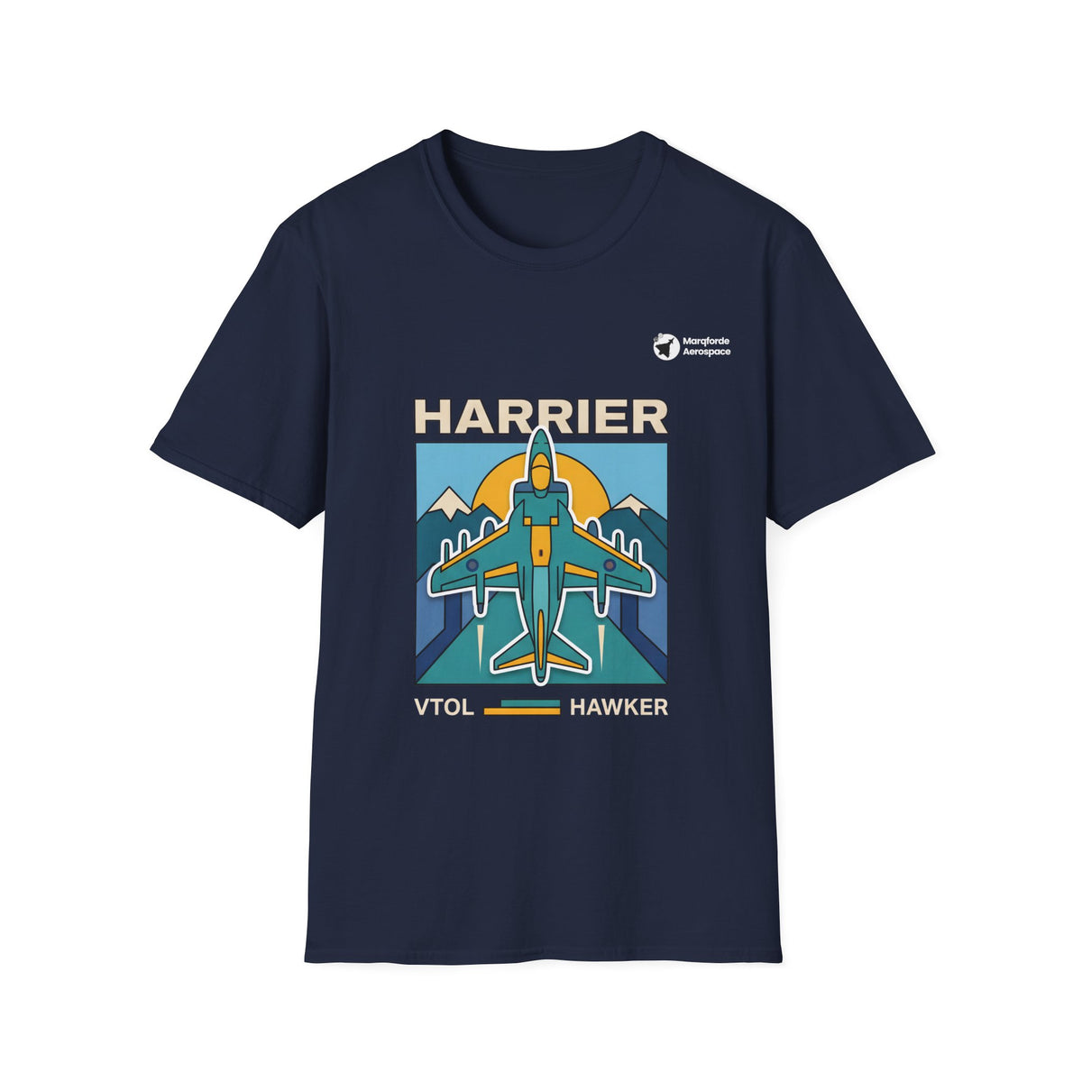 Harrier Horizon aviation graphic on a navy unisex t-shirt