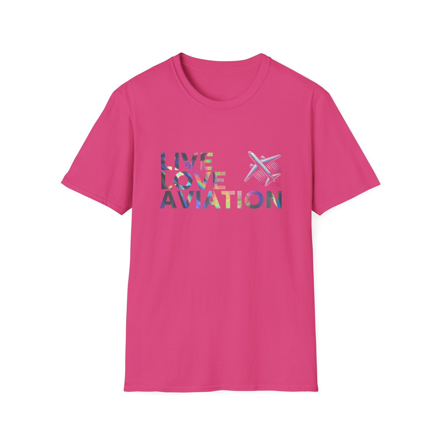 Aviation Enthusiast T-Shirt – Live Love Aviation Design in Heliconia Pink Colour with Holographic Colour Text Design
