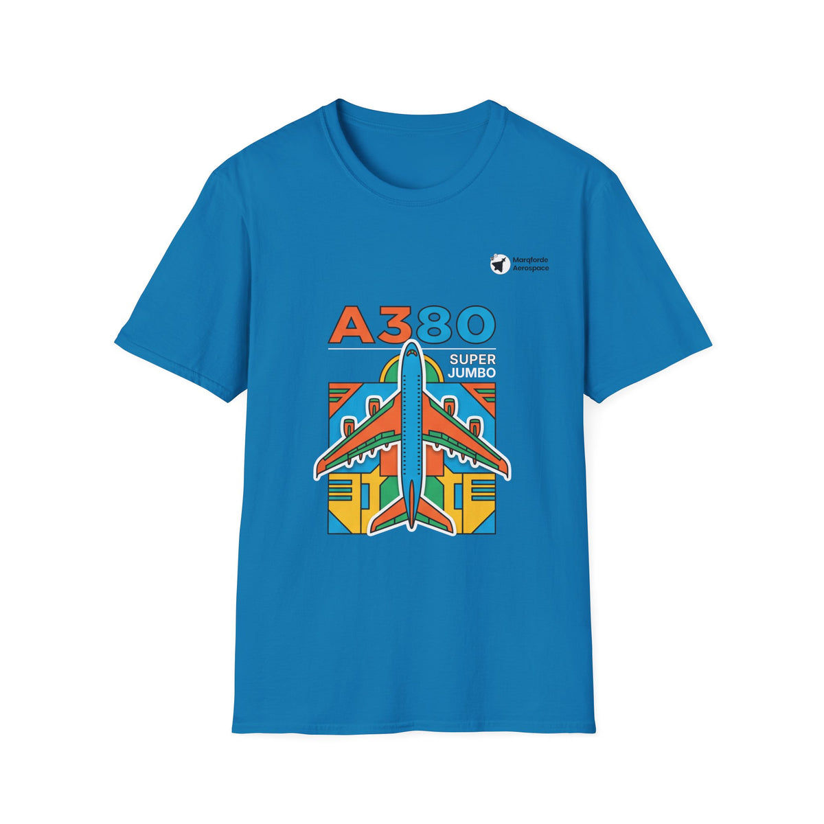 Jumbo Journey A380 aviation graphic on a sapphire unisex t-shirt