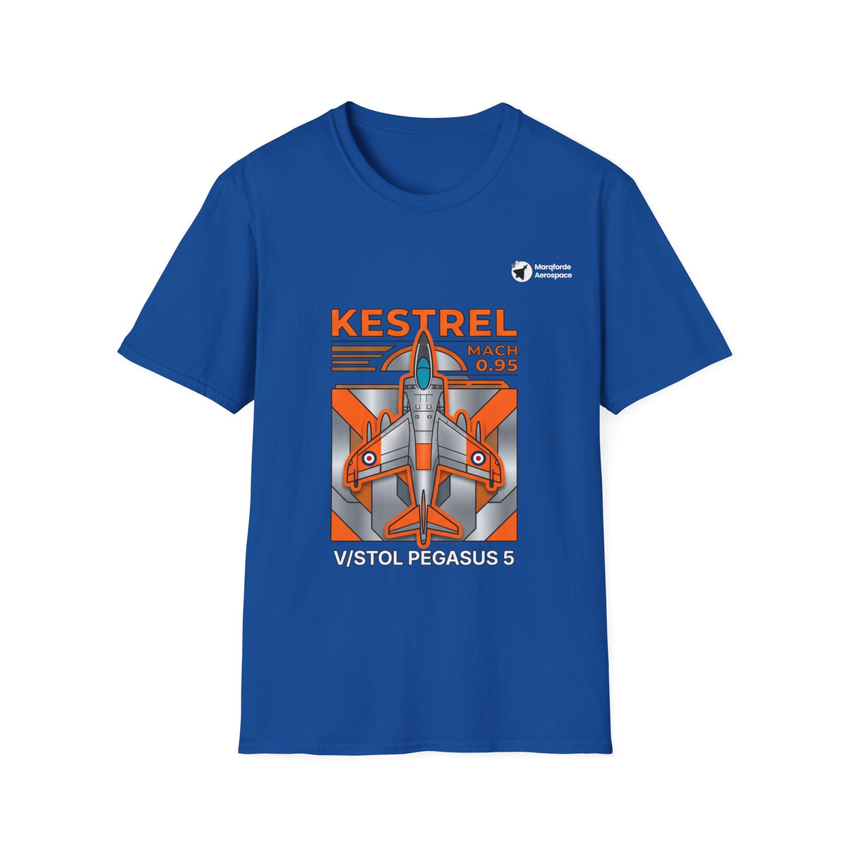 Kestrel Keystone aviation graphic on a royal blue unisex t-shirt