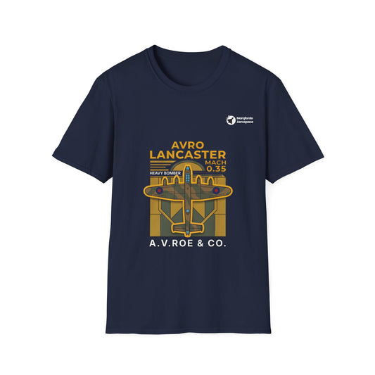Lancaster Lore aviation graphic on a navy unisex t-shirt