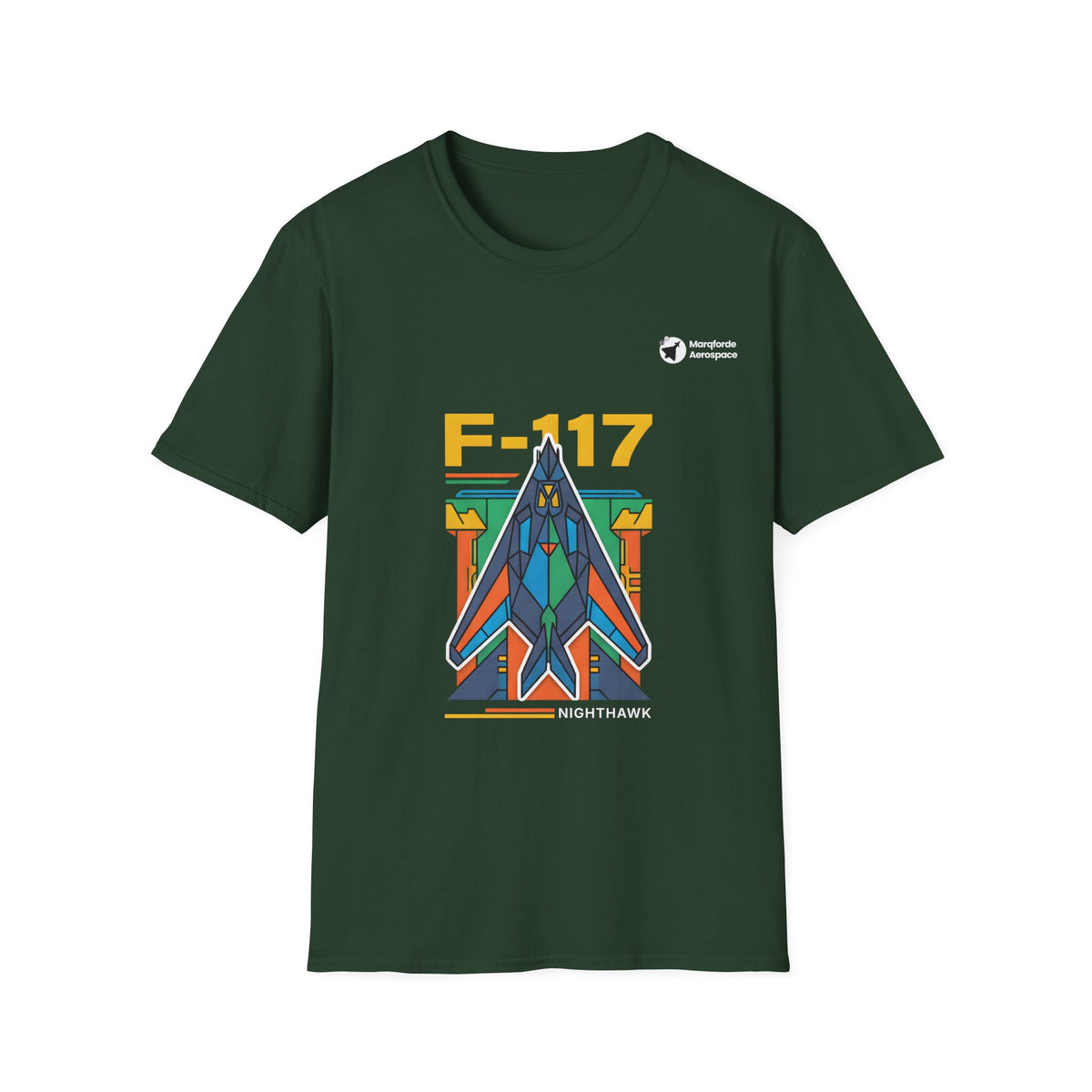 Nighthawk Neon aviation graphic on a forest green unisex t-shirt