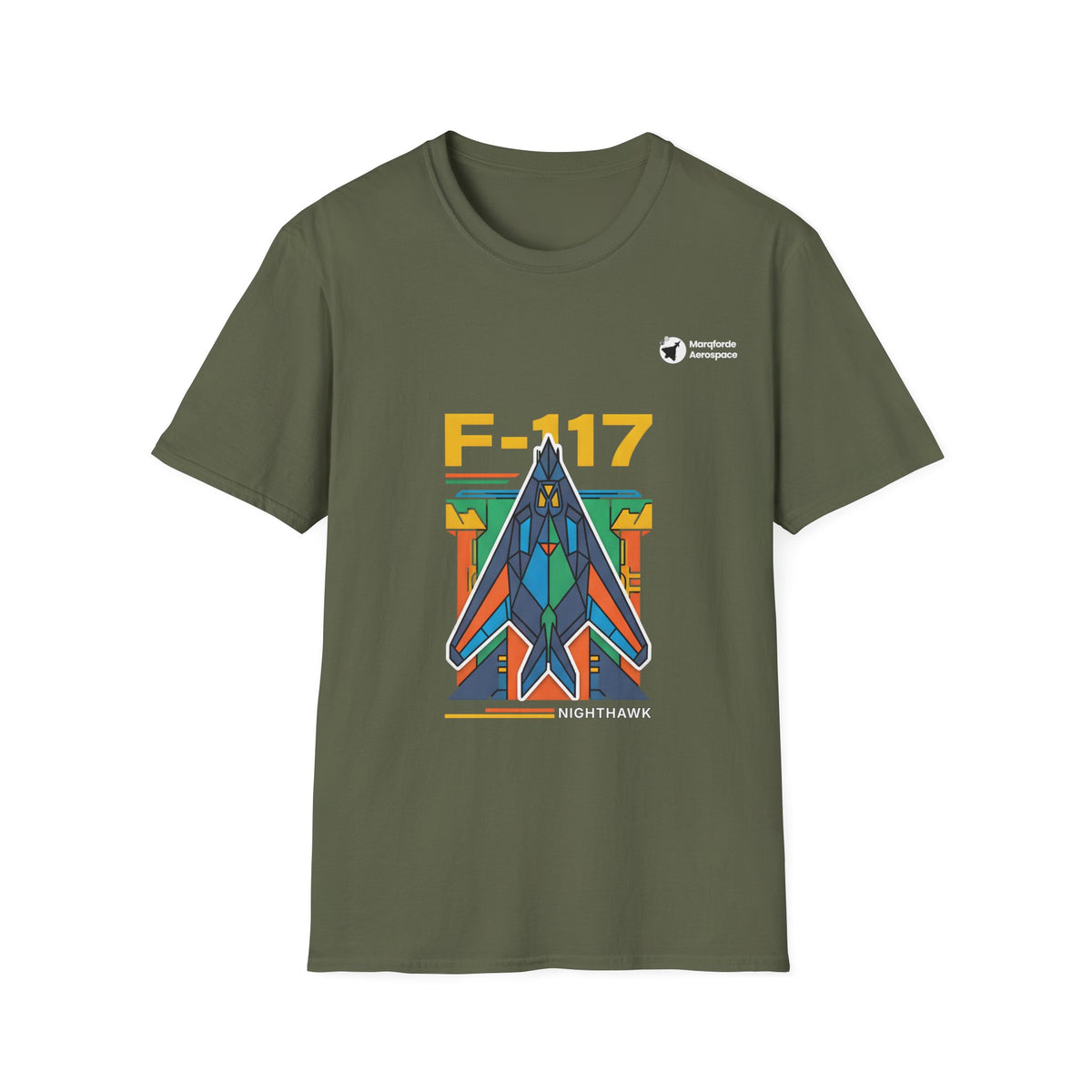 Nighthawk Neon aviation graphic on a military green unisex t-shirt