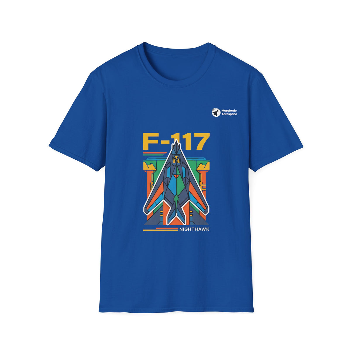 Nighthawk Neon aviation graphic on a royal blue unisex t-shirt