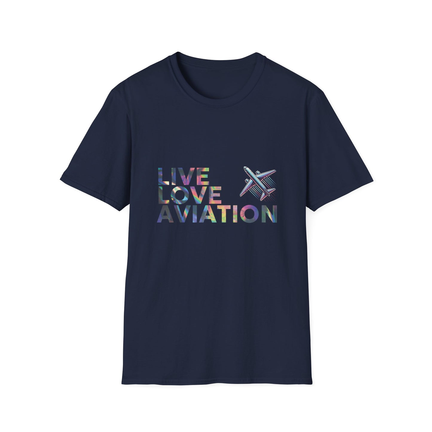 Aviation Enthusiast T-Shirt – Live Love Aviation Design in Navy Colour with Holographic Colour Text Design