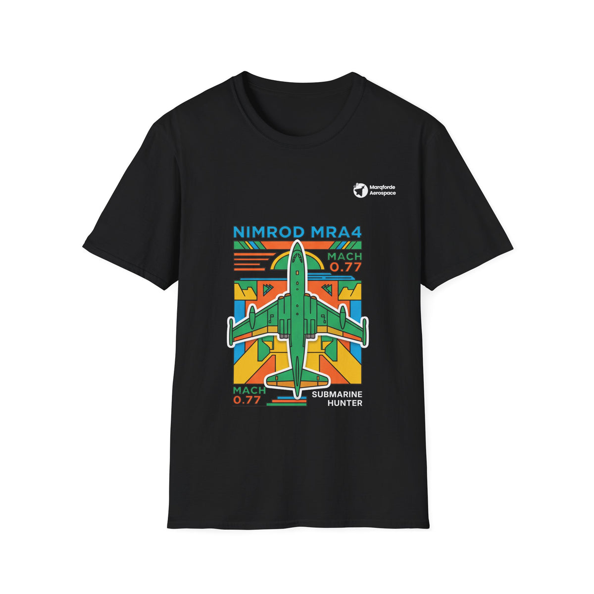 Nimrod the Submarine Stalker aviation graphic on a black unisex t-shirt