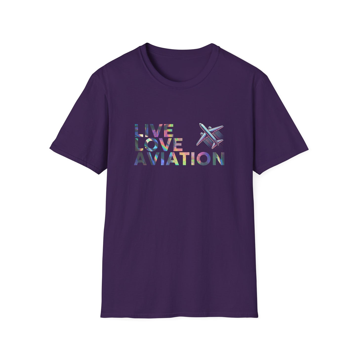 Aviation Enthusiast T-Shirt – Live Love Aviation Design in Purple Colour with Holographic Colour Text Design