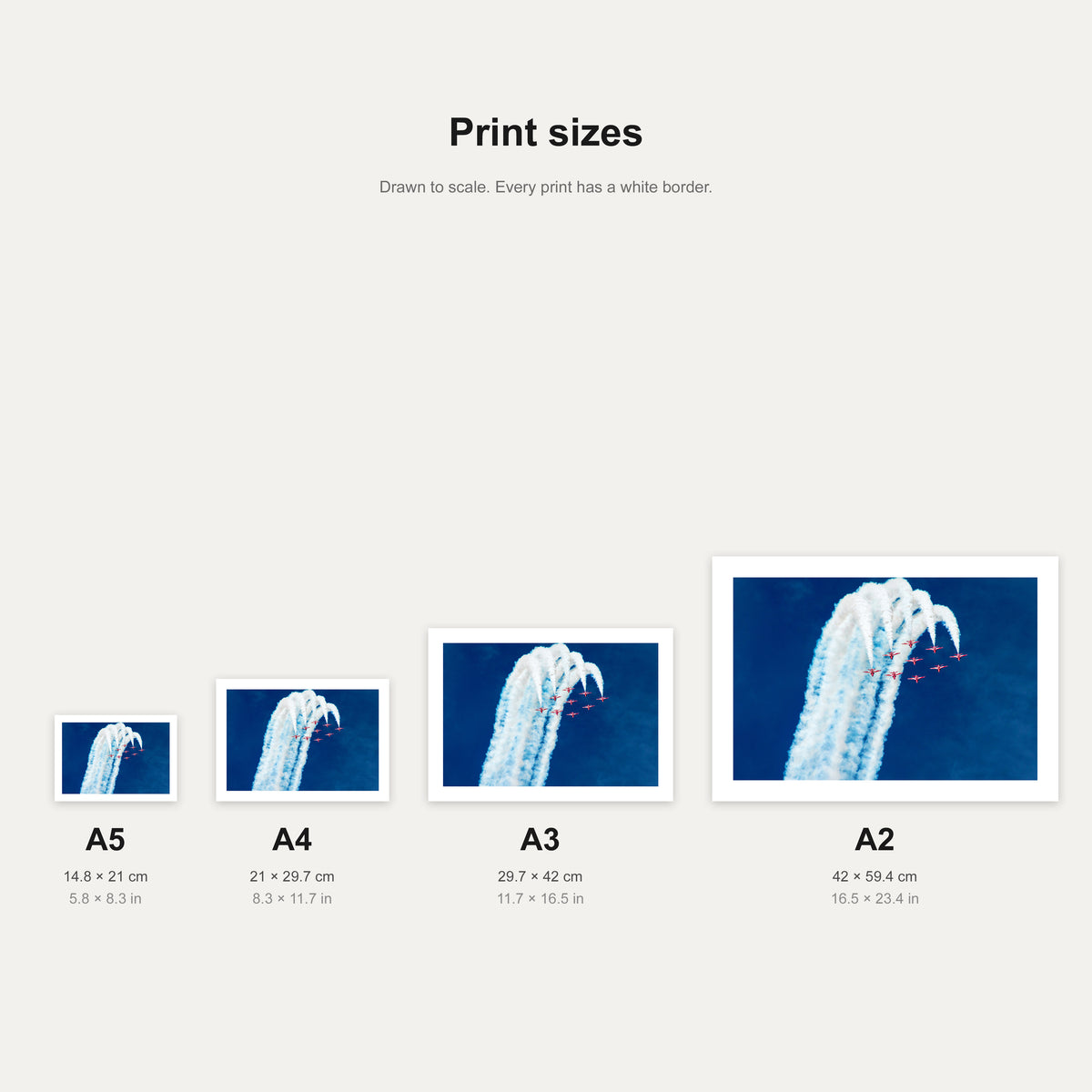 Red Arrows nine-ship climb print shown at A5, A4, A3 and A2 to scale, wall art size guide