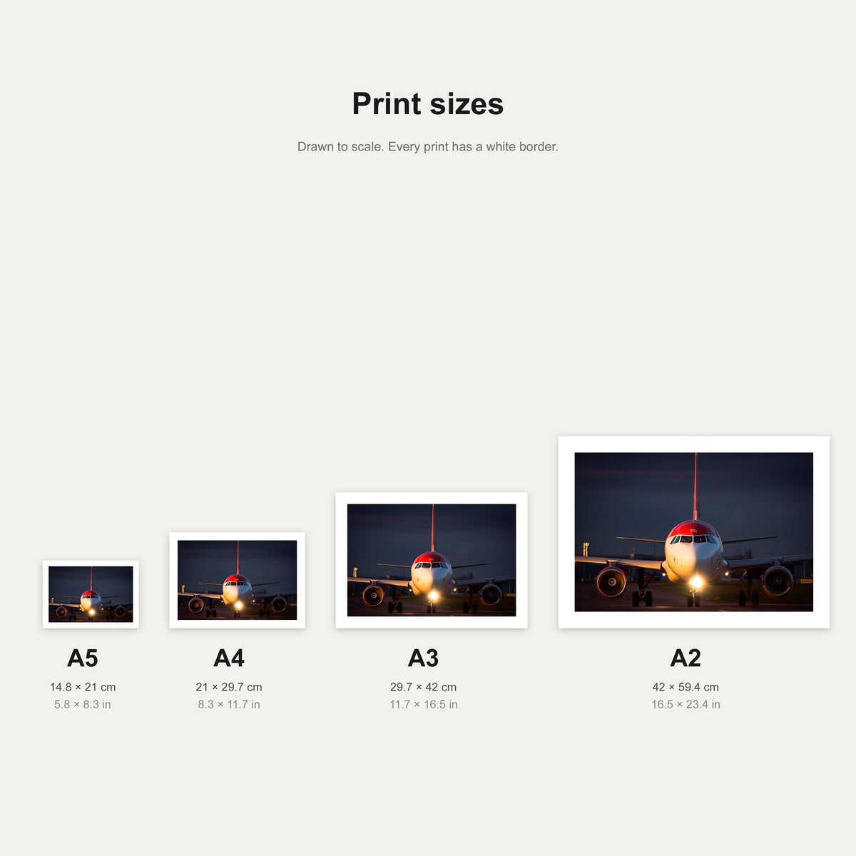 Twilight Taxi print shown at A5, A4, A3 and A2 to scale, wall art size guide
