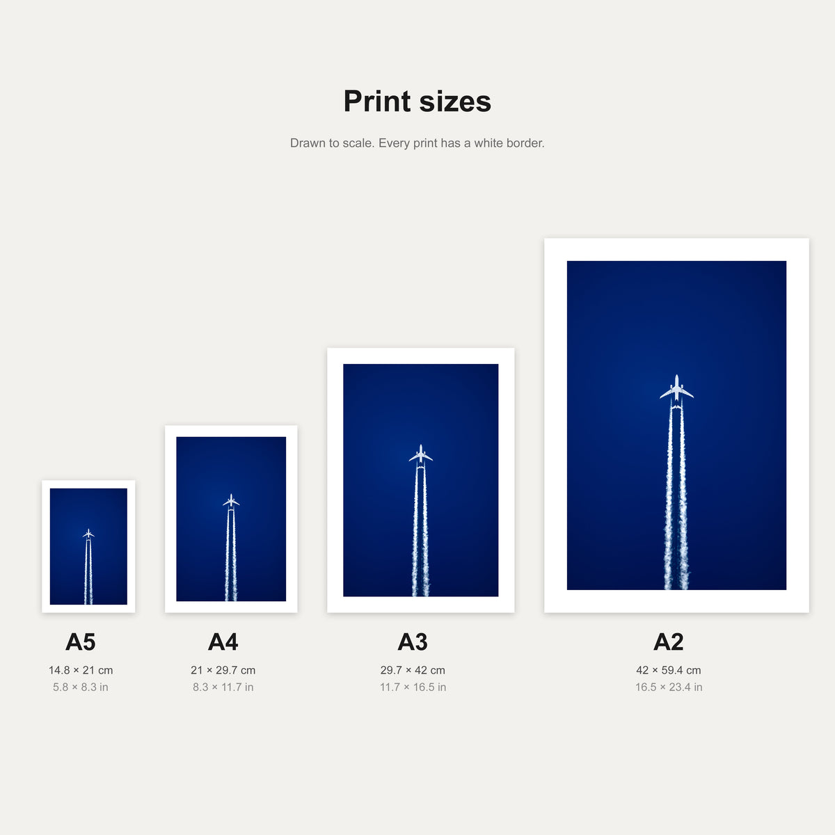Contrail Cruise print shown at A5, A4, A3 and A2 to scale, wall art size guide