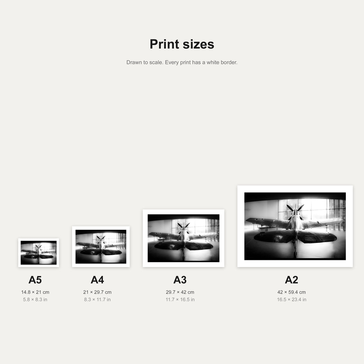 Spitfire Silhouette print shown at A5, A4, A3 and A2 to scale, wall art size guide