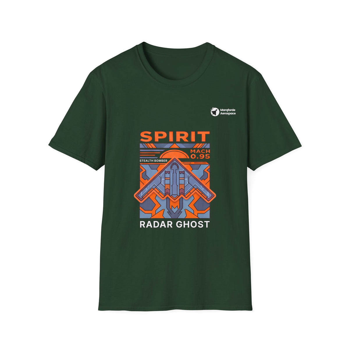 Spirit Shadow B-2 aviation graphic on a forest green unisex t-shirt