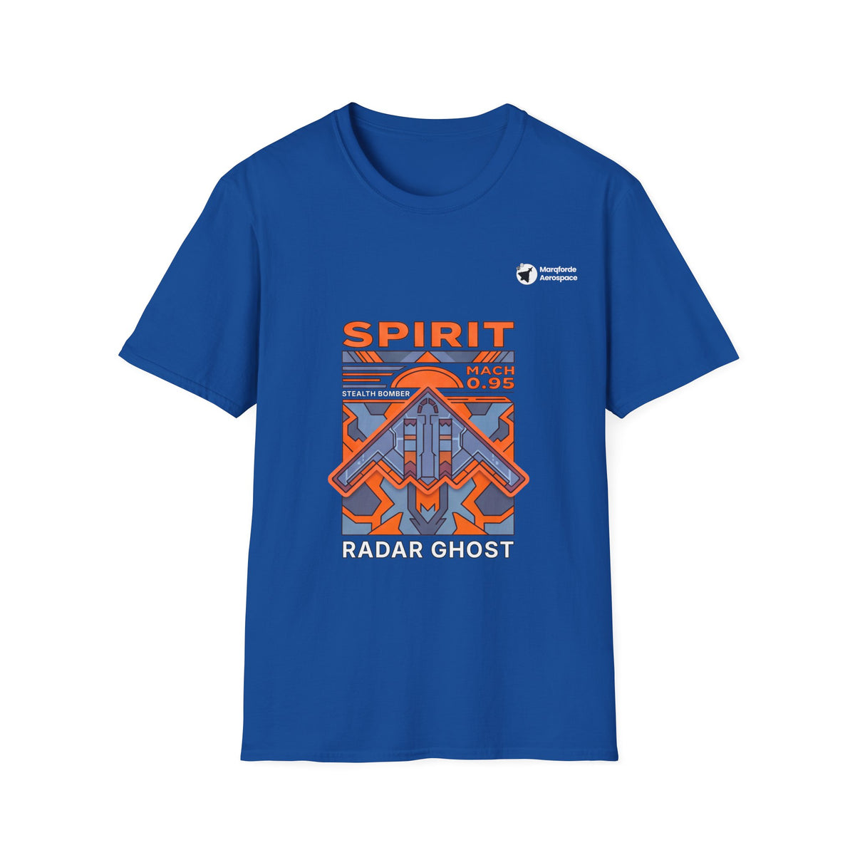 Spirit Shadow B-2 aviation graphic on a royal blue unisex t-shirt