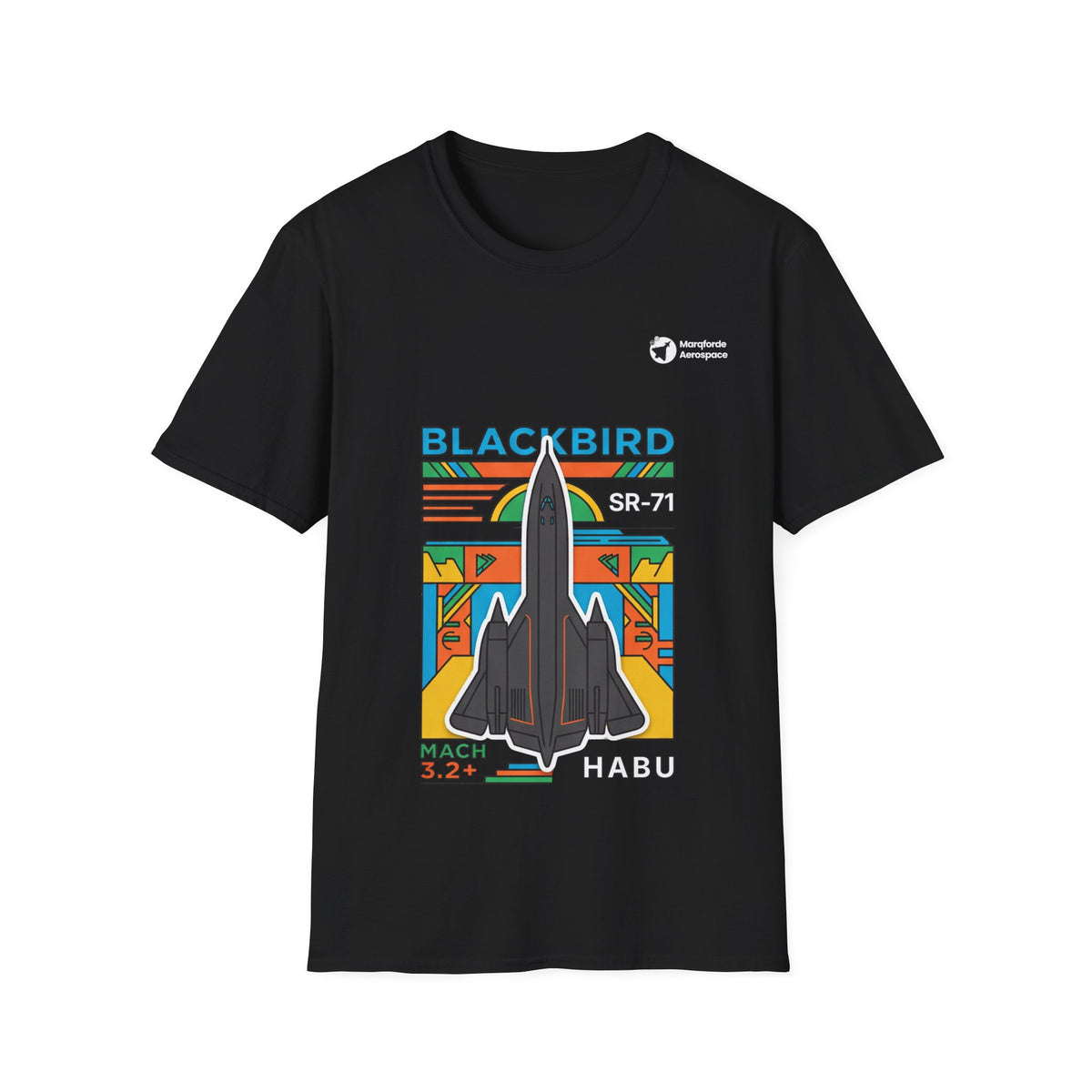 Blackbird Blaze aviation graphic on a black unisex t-shirt
