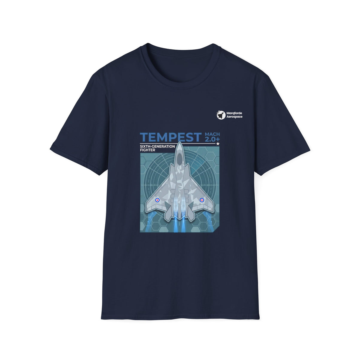 Tempest Trinity aviation graphic on a navy unisex t-shirt