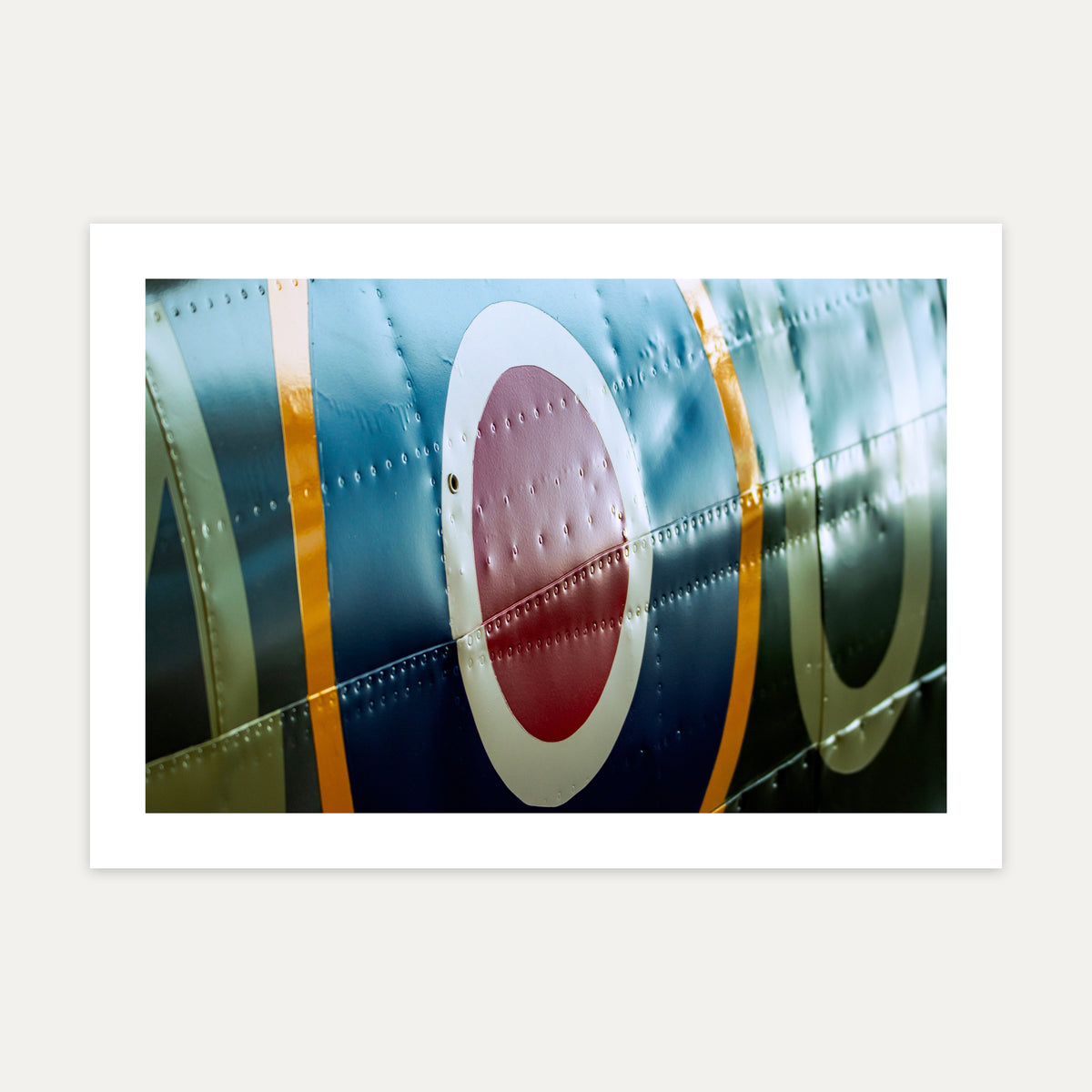 Close-up of the fuselage roundel and riveted panels of Spitfire RW388, unframed A4 aviation photo print
