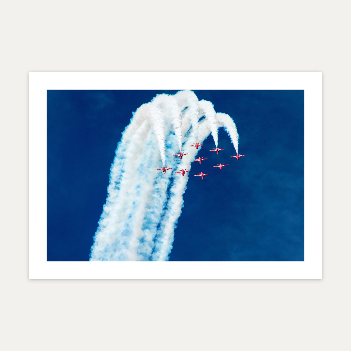 Nine Red Arrows Hawks climbing together with white smoke, unframed A4 aviation photo print