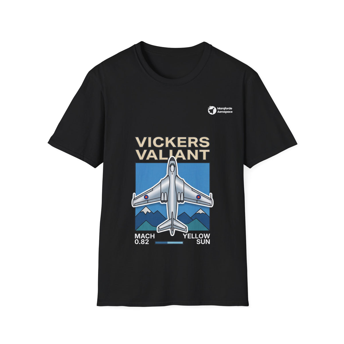 Valiant Voyager aviation graphic on a black unisex t-shirt