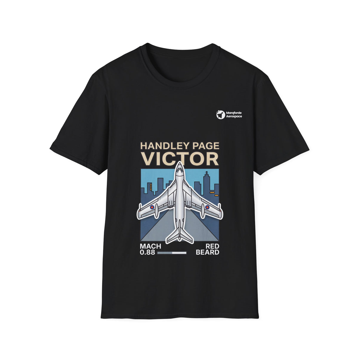 Victor Velocity aviation graphic on a black unisex t-shirt