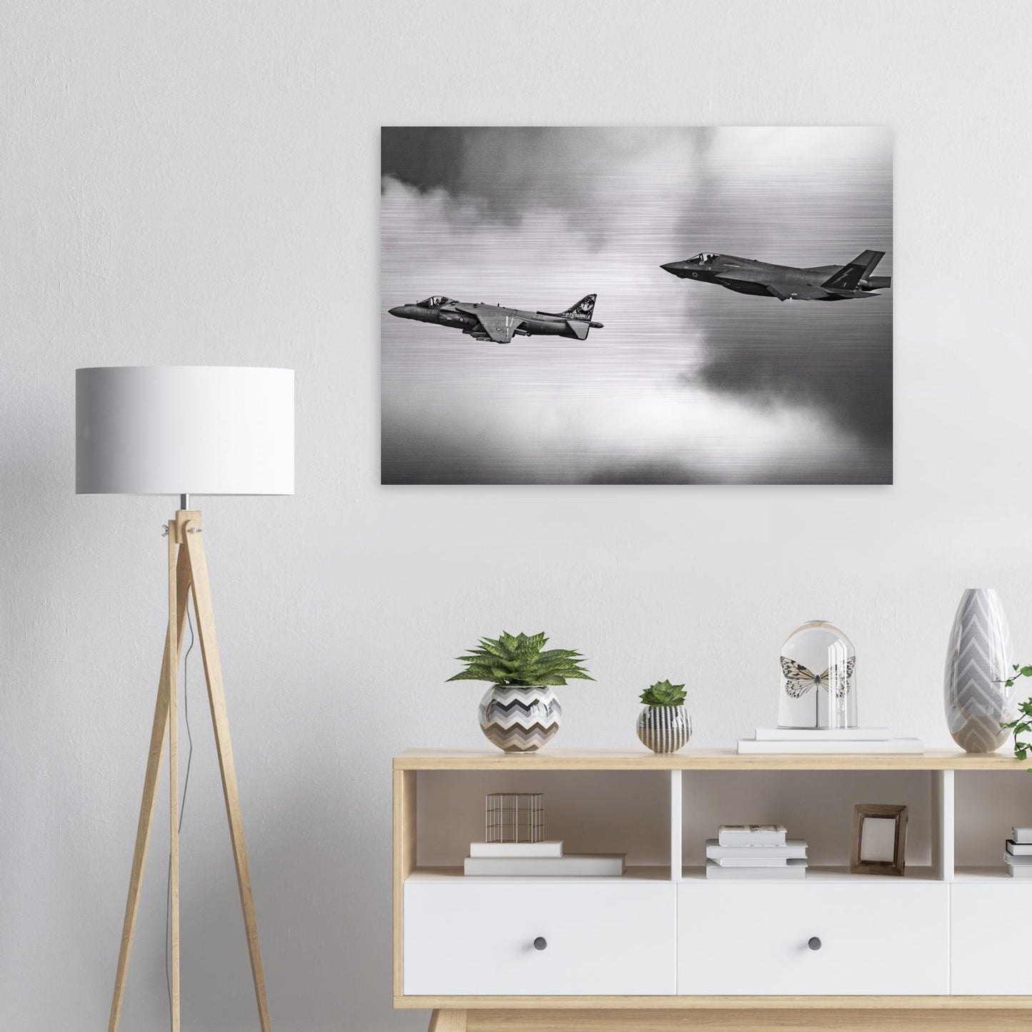 Stunning Brushed Aluminum Print of RAF F-35 & Harrier in Action