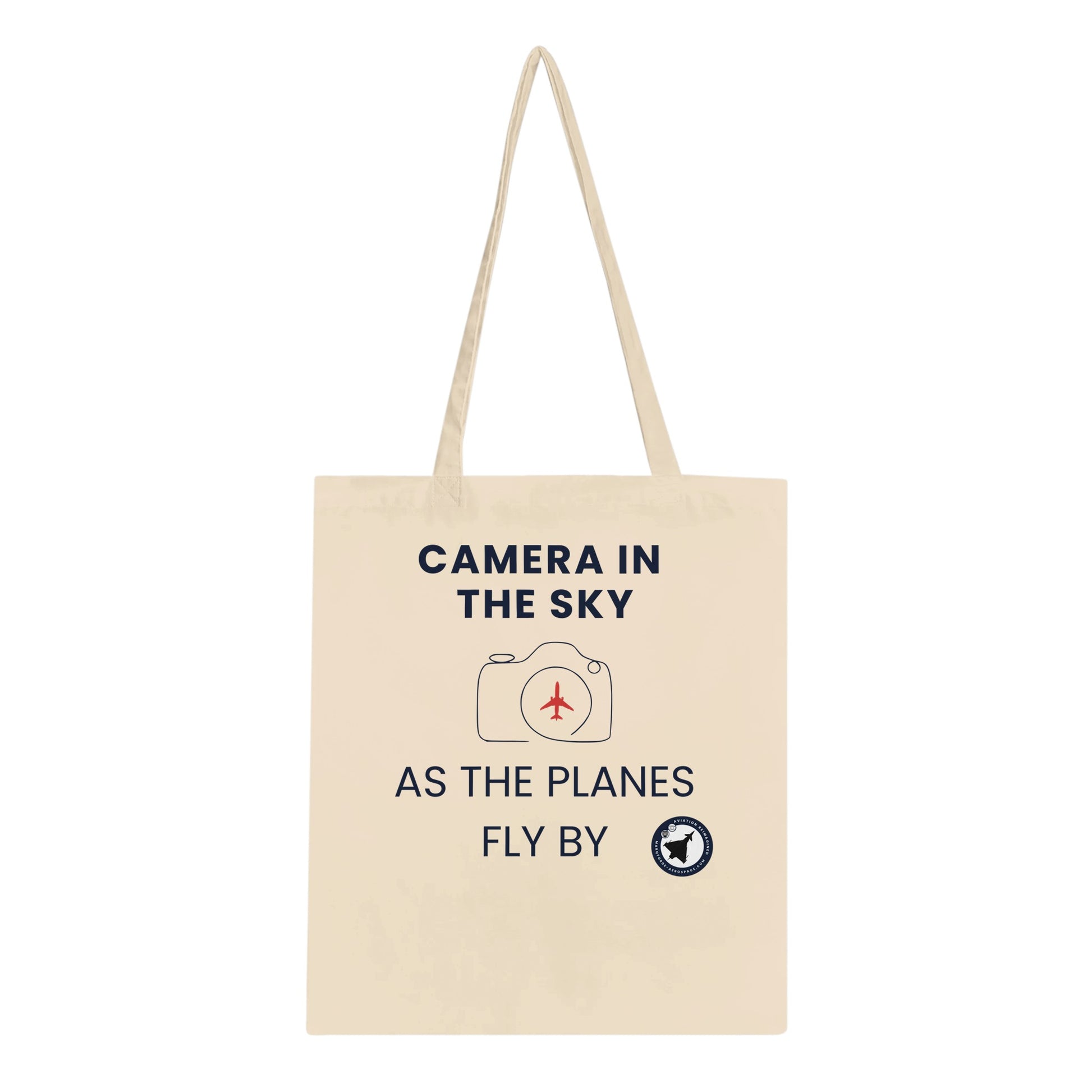 Durable Tote Bag Featuring Camera In The Sky Text in Light Colours