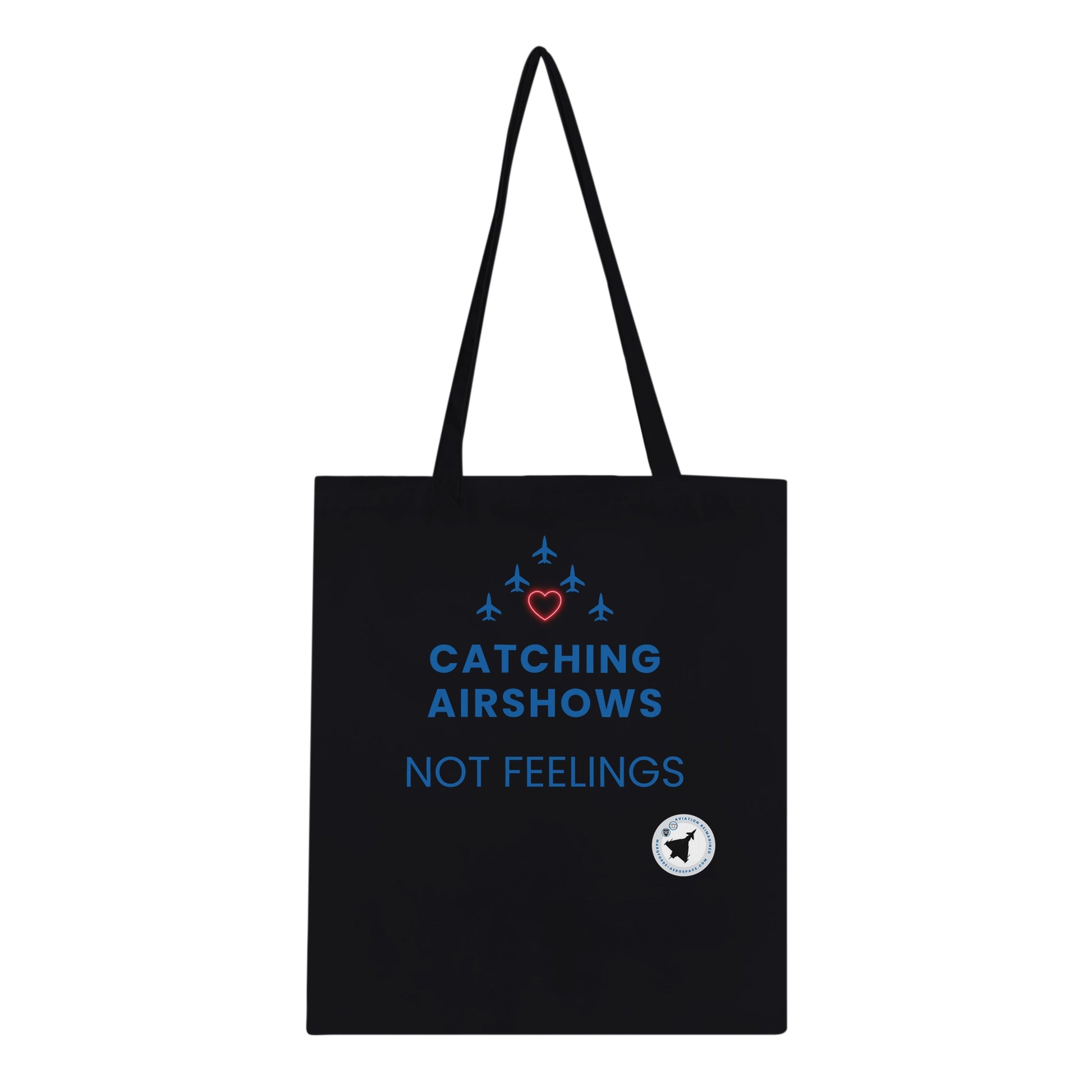 Dark-Coloured Aviation Tote Bag with Catching Airshows Not Feelings Graphic
