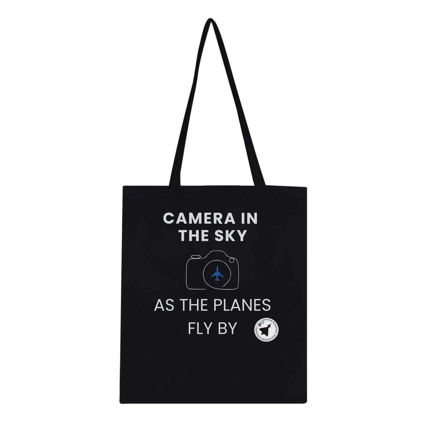 Durable Tote Bag Featuring Camera In The Sky Text in Dark Colours