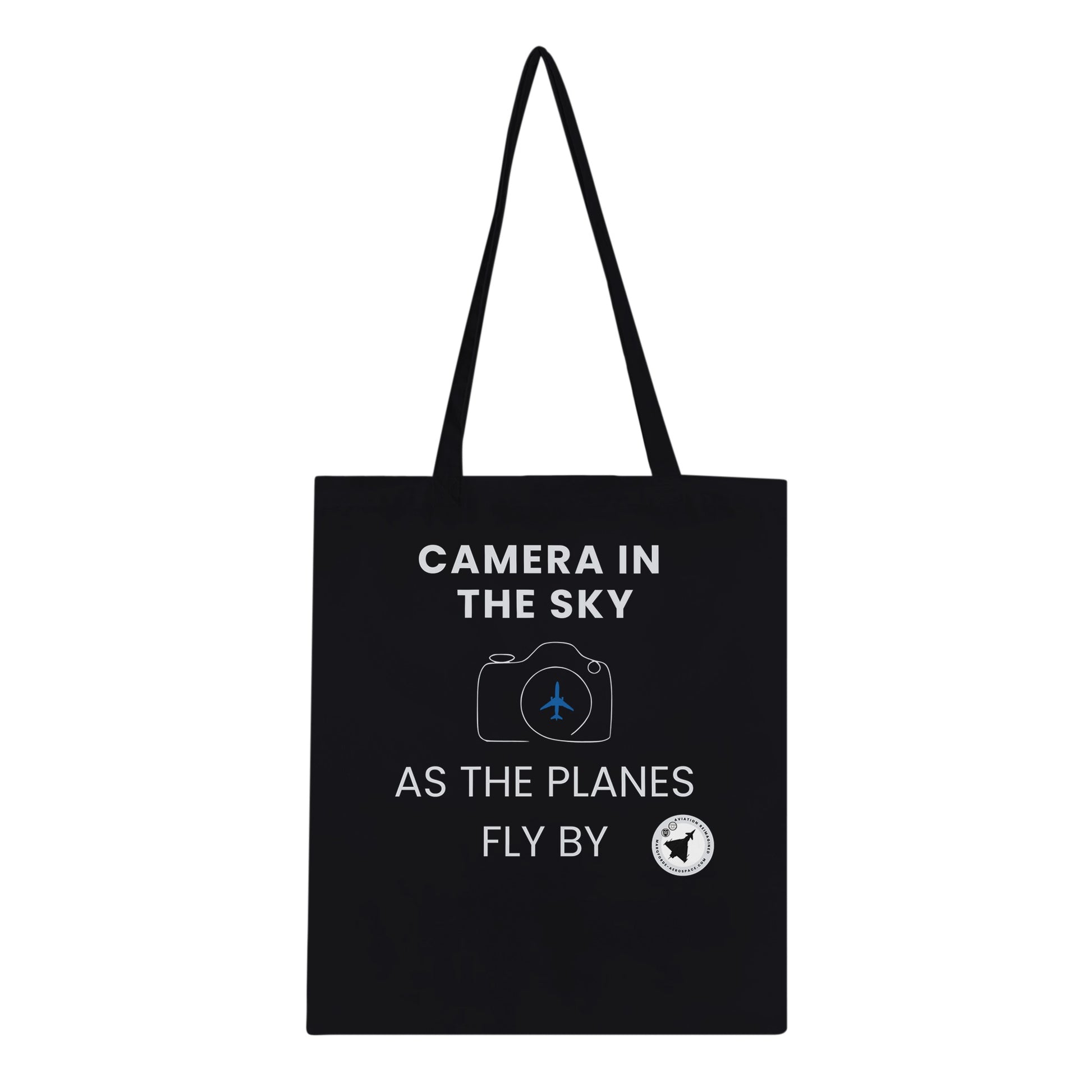 Durable Tote Bag Featuring Camera In The Sky Text in Dark Colours