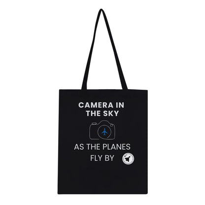 Durable Tote Bag Featuring Camera In The Sky Text in Dark Colours