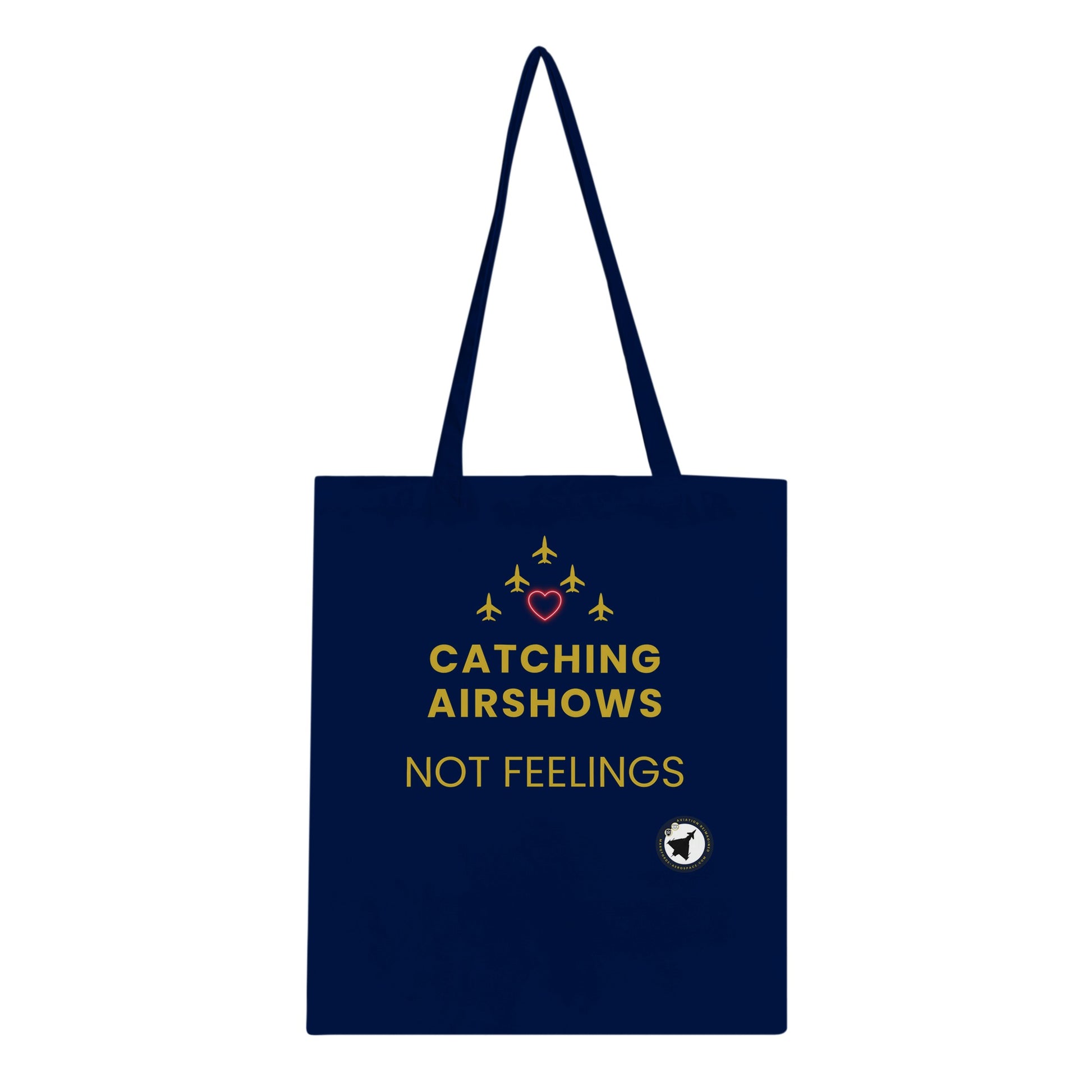 Durable Tote Bag Featuring Catching Airshows Not Feelings Text in Dark Colours