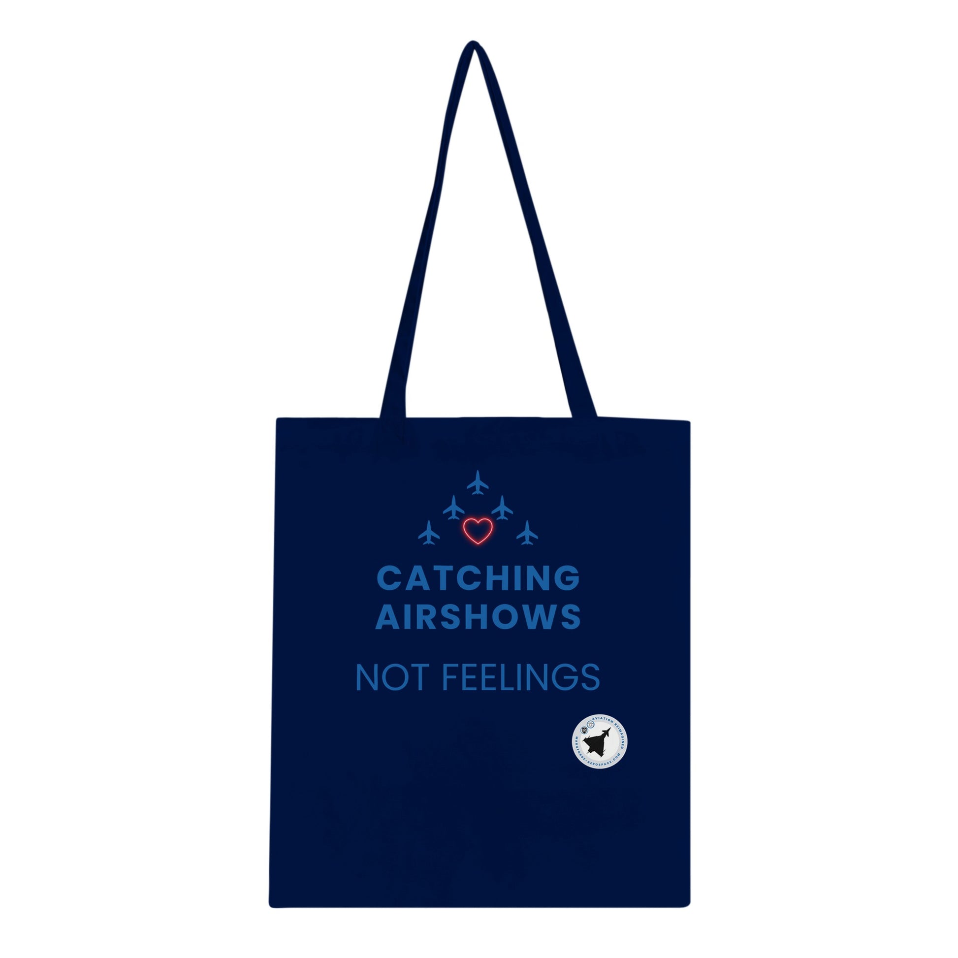 Close-Up of Catching Airshows Not Feelings Tote Bag – Stylish Dark Design