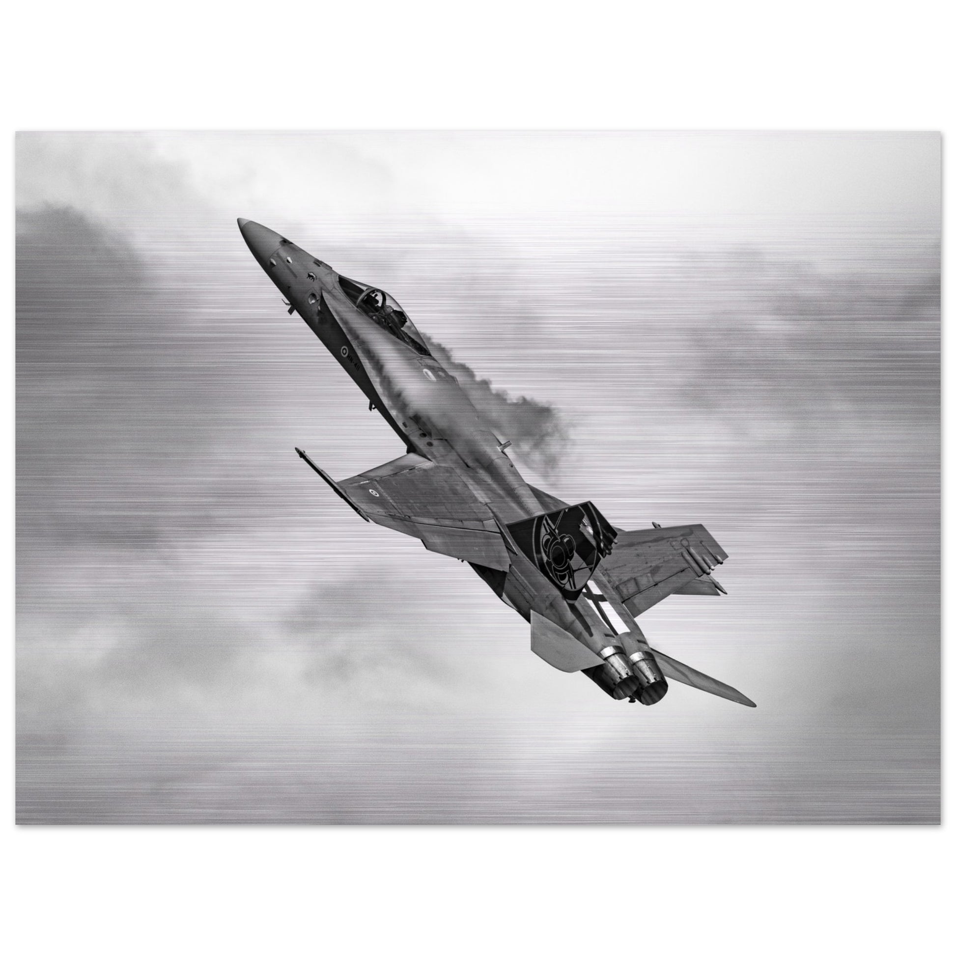Brushed Aluminium Print of Finnish F/A-18 Hornet – Sleek Metallic Design