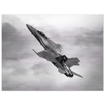 Brushed Aluminium Print of Finnish F/A-18 Hornet – Sleek Metallic Design