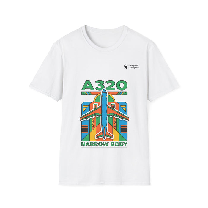 Airbus A320 Adventure aviation graphic on a white unisex t-shirt