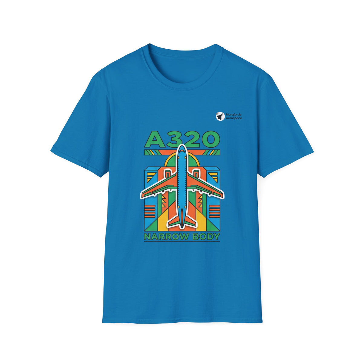 Airbus A320 Adventure aviation graphic on a sapphire unisex t-shirt