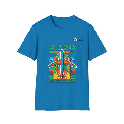 Airbus A320 Adventure aviation graphic on a sapphire unisex t-shirt