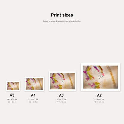 Al Fursan coloured smoke loop print shown at A5, A4, A3 and A2 to scale, wall art size guide