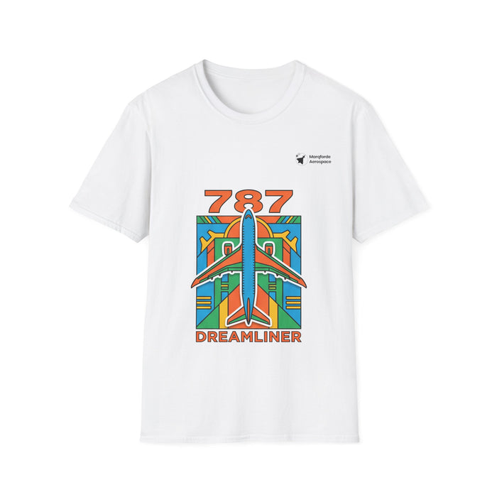 787 Dreamliner Drift aviation graphic on a white unisex t-shirt