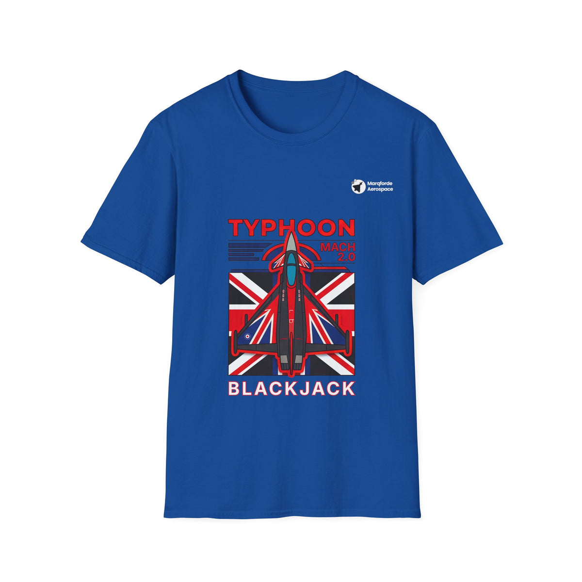 Blackjack Blast aviation graphic on a royal blue unisex t-shirt