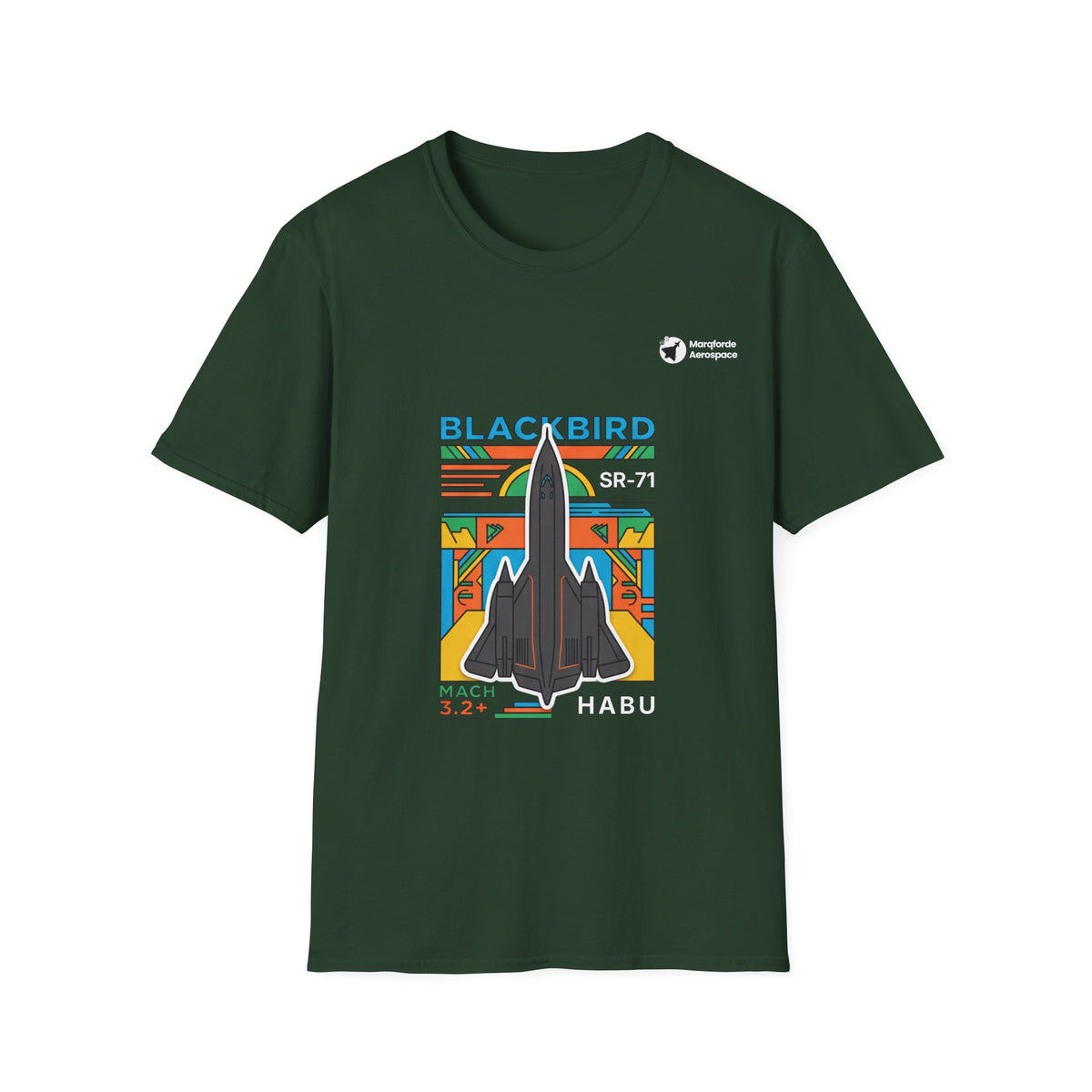 Blackbird Blaze aviation graphic on a forest green unisex t-shirt