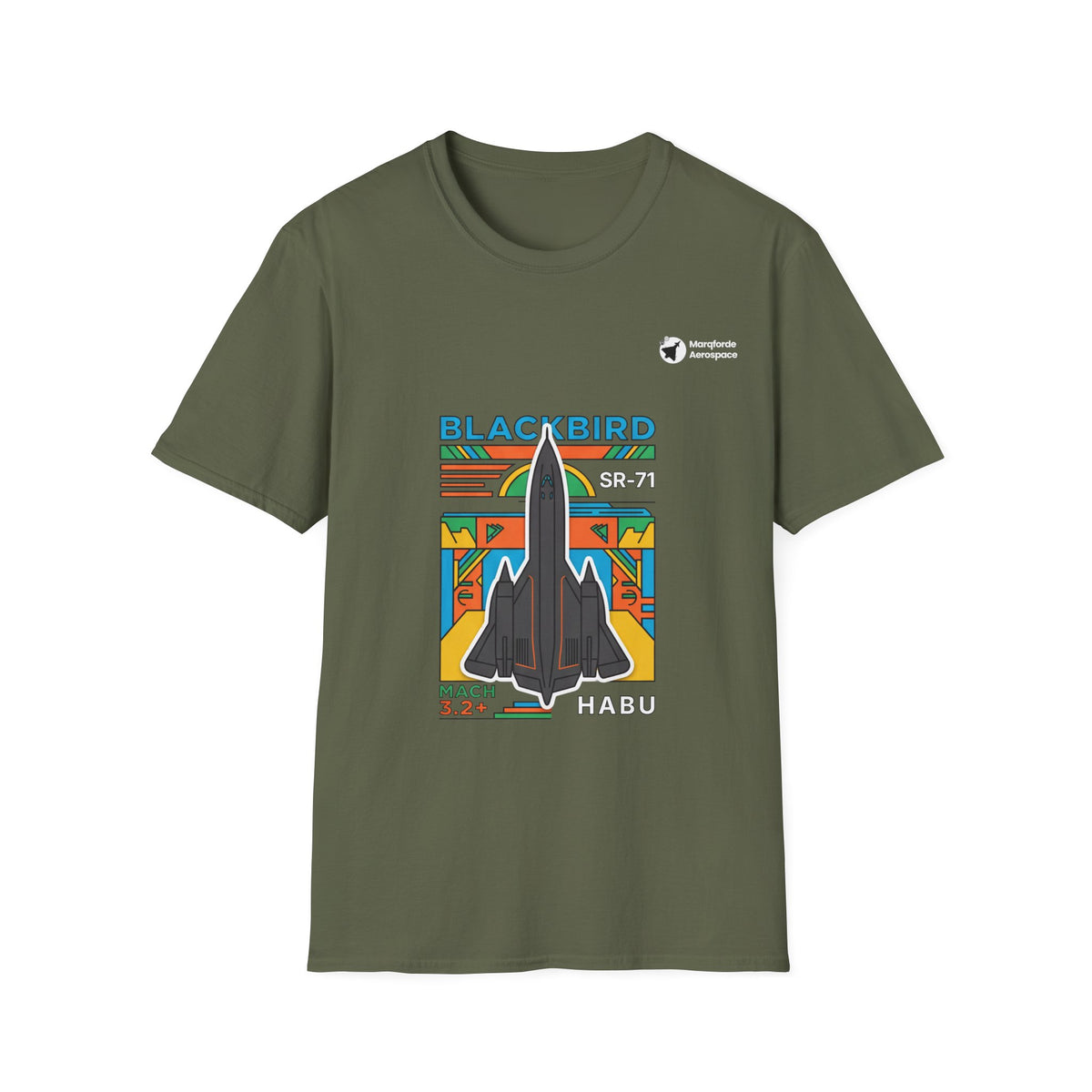 Blackbird Blaze aviation graphic on a military green unisex t-shirt