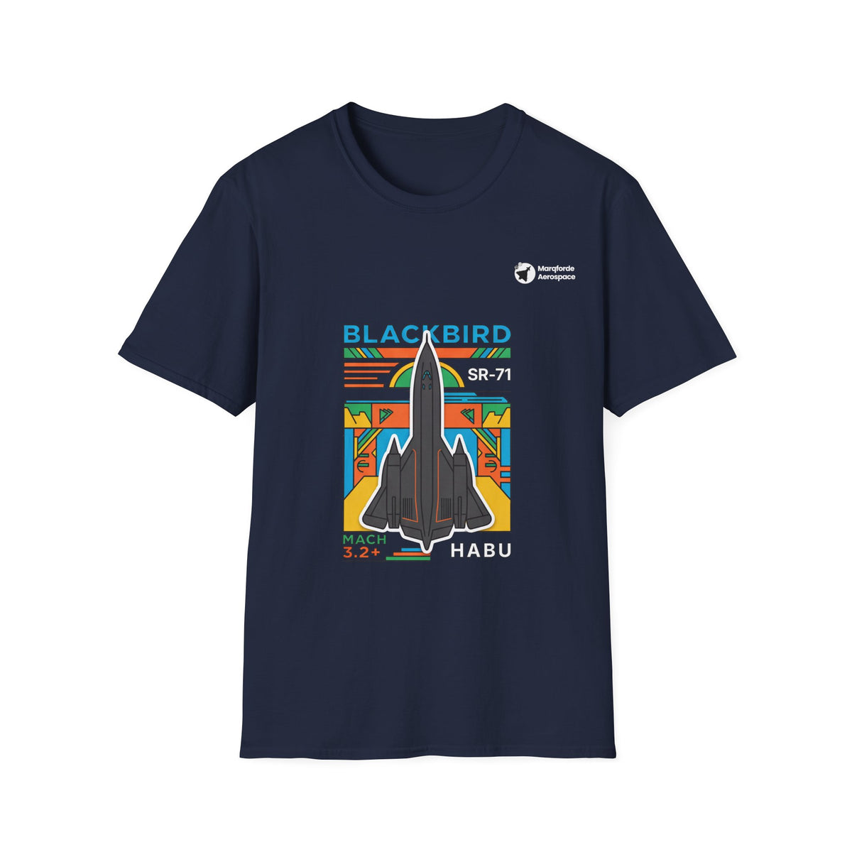 Blackbird Blaze aviation graphic on a navy unisex t-shirt