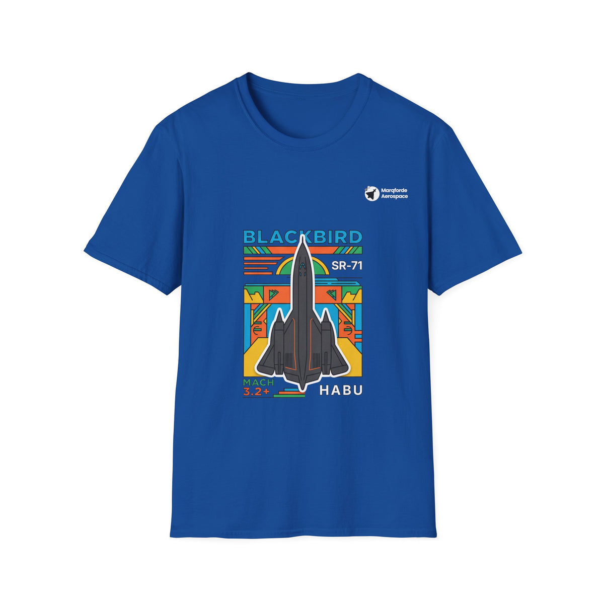 Blackbird Blaze aviation graphic on a royal blue unisex t-shirt