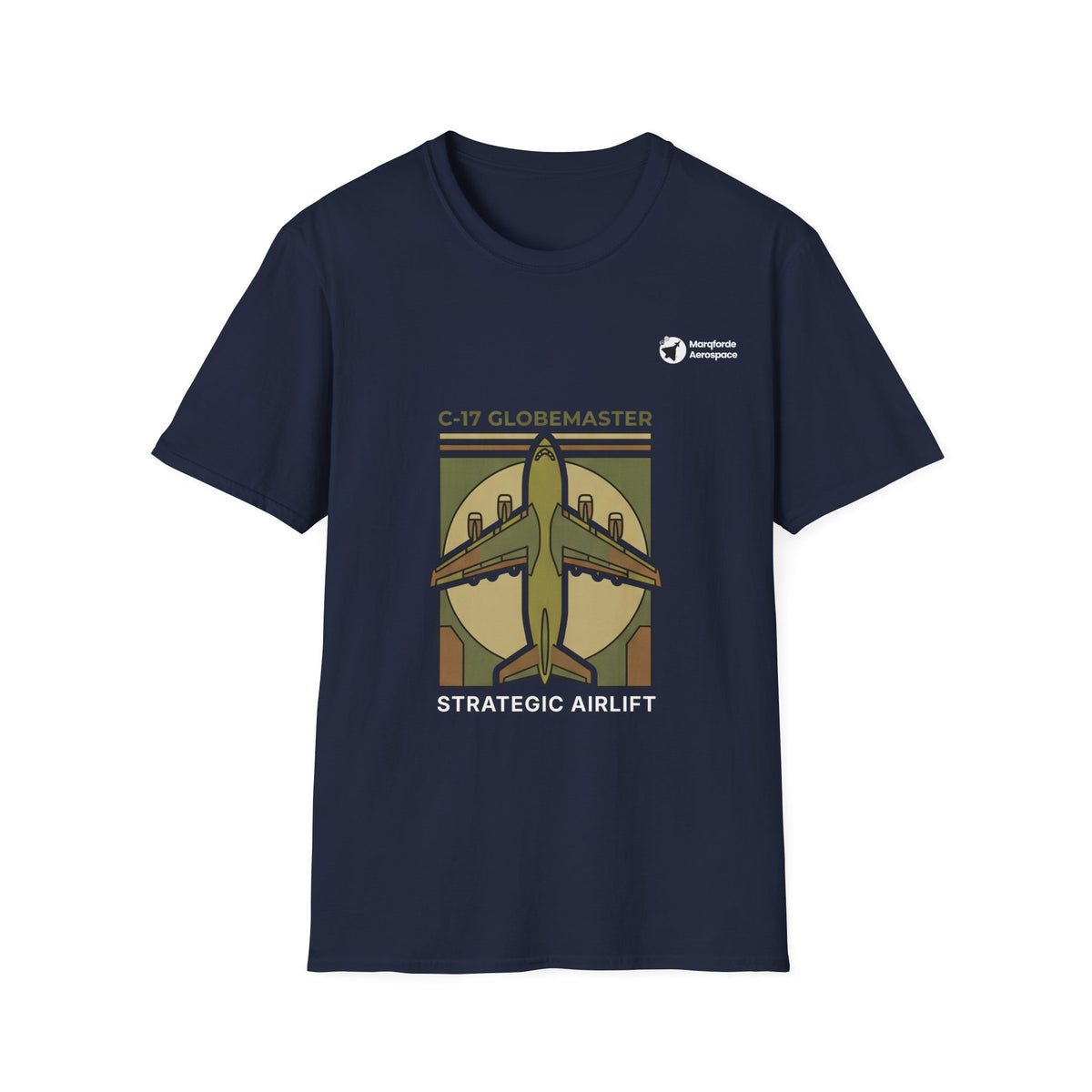 C-17 Cargo Colossus aviation graphic on a navy unisex t-shirt