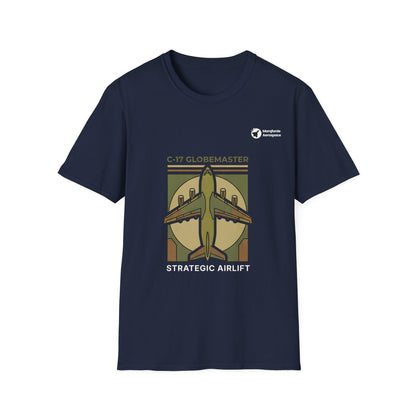 C-17 Cargo Colossus aviation graphic on a navy unisex t-shirt