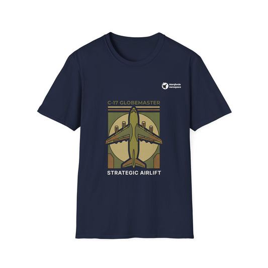 C-17 Cargo Colossus aviation graphic on a navy unisex t-shirt