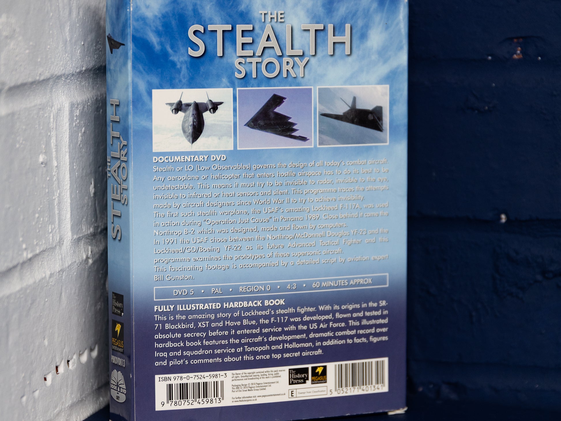 Back cover of The Stealth Story book and DVD box showing feature list and specs.