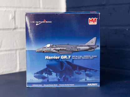 Front of Hobby Master HA2601 box showing Harrier GR.7 profile and item code.